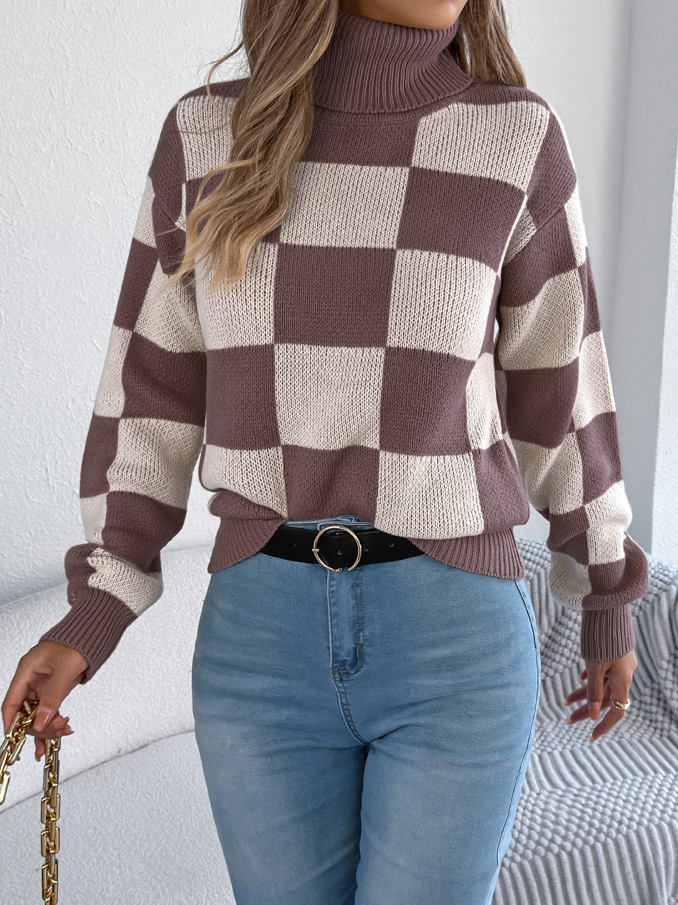 Dame Højhalset Farveblokket Ternede Sweater med Lanterneærmer
