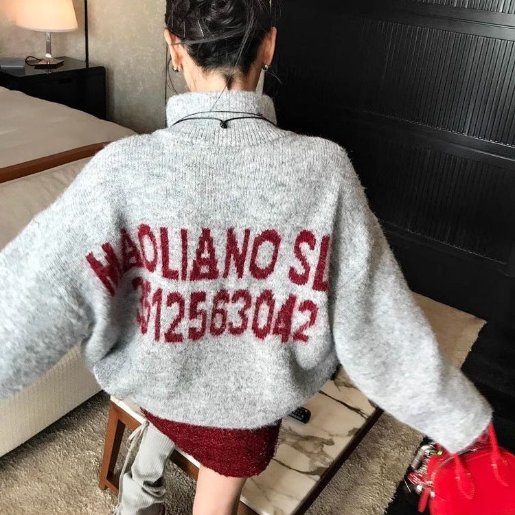 Women's Retro Lazy Style Contrast Color Letter Drawstring Pullover Sweater