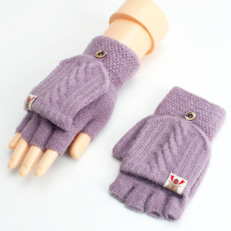 Thin Woolen Knitted Solid Color Clamshell Half-Finger Gloves