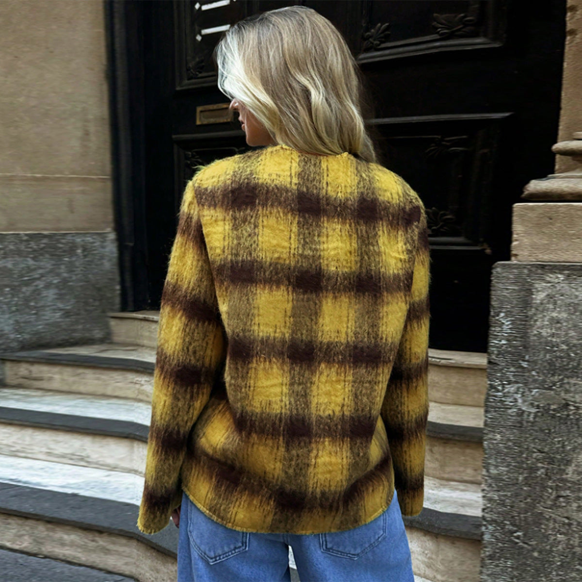 Women's Plaid Single-breasted Long Sleeve Round Neck Coat