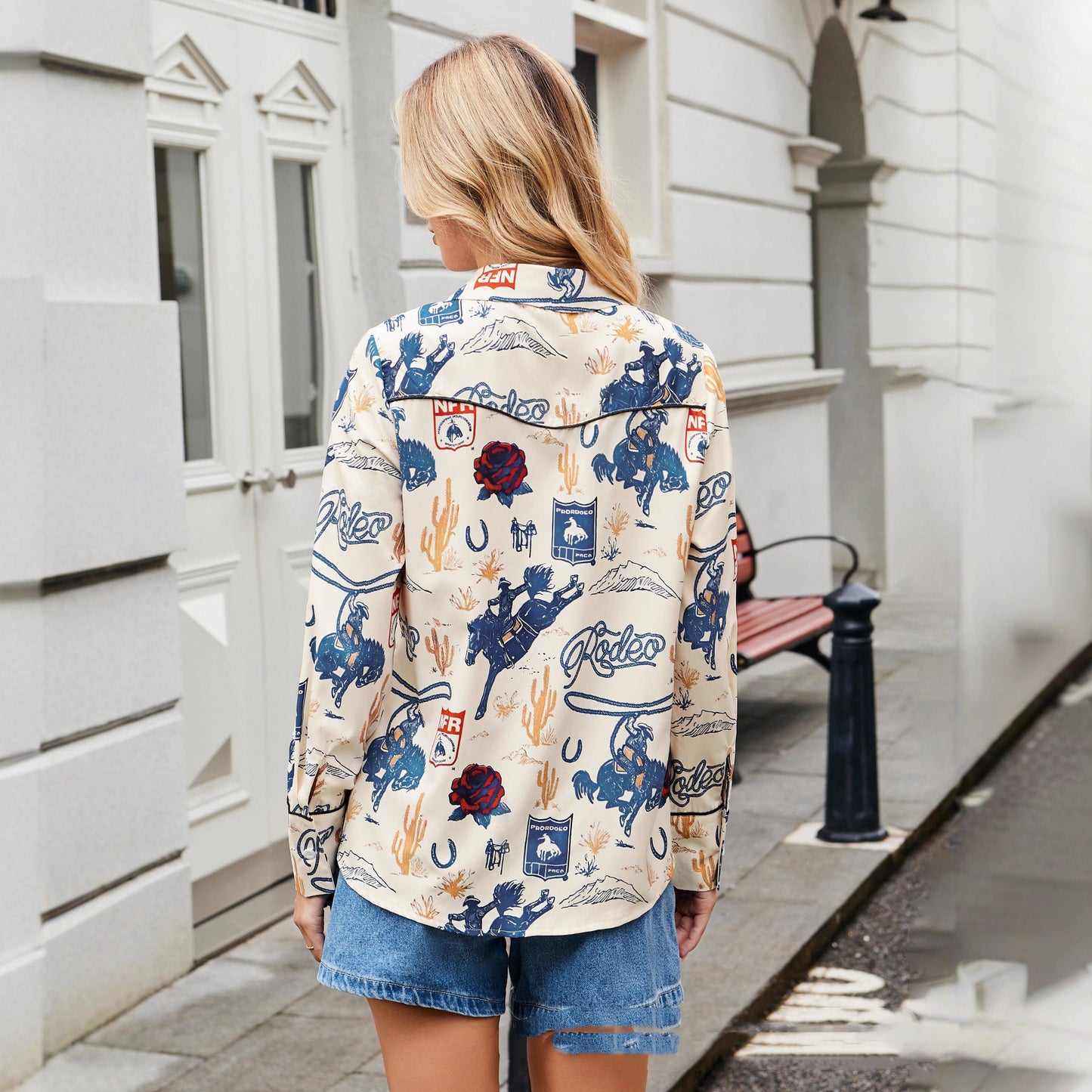 Western Cowboy Style Street-Print Slim-Fit Womens Shirt