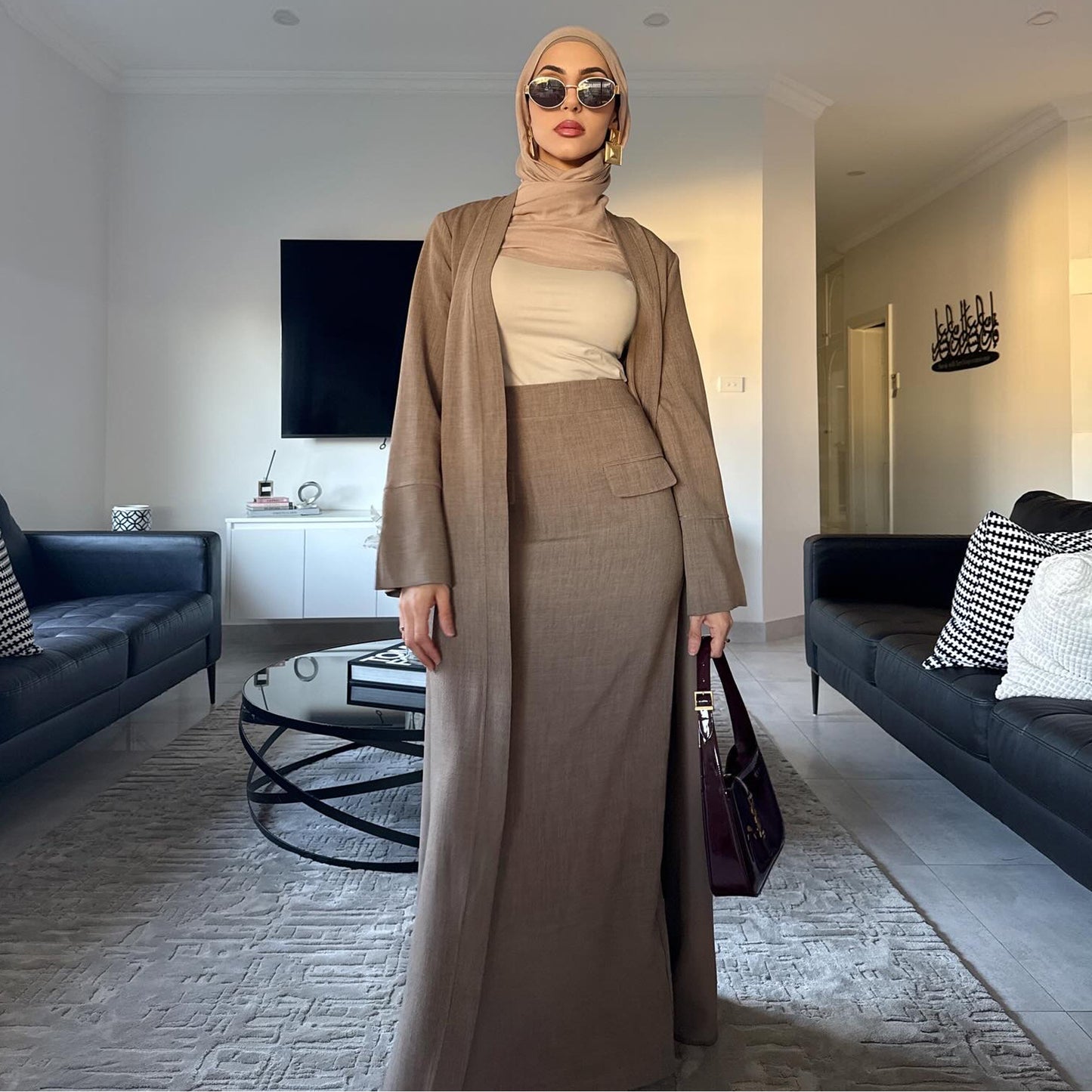 Dubai Fashion Solid Color Cardigan Skirt Two-Piece Set