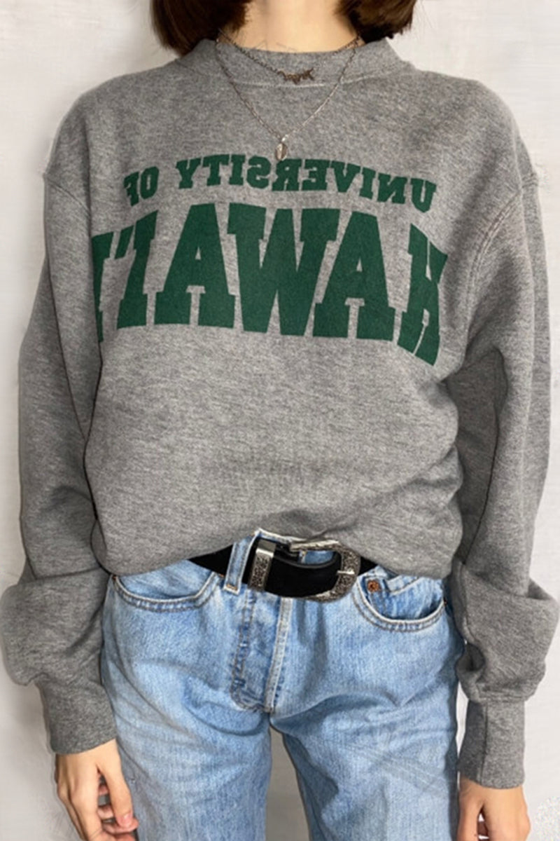 Autumn New American Retro Grey Letter Print Small Round Neck Sweater
