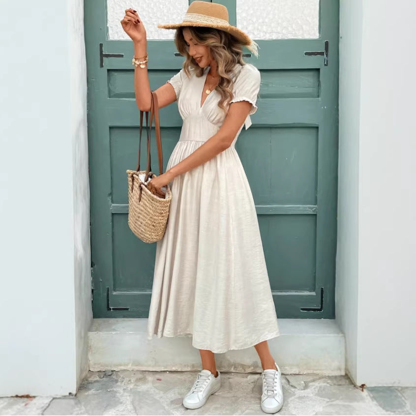 European And American V-neck Casual Backless Dress