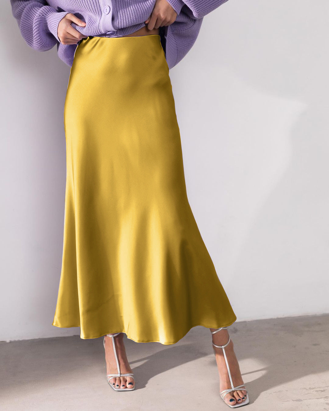 Long Sleeve High Waist Artificial Silk Elegant Fishtail Skirt Draping Satin Slit Skirt