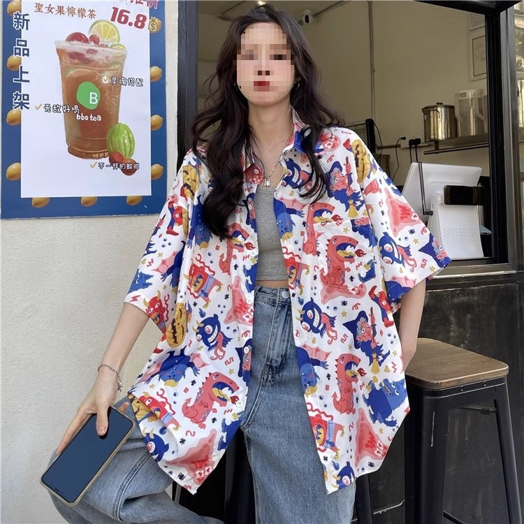 Summer Retro Full Printed Short-sleeved Shirt For Women