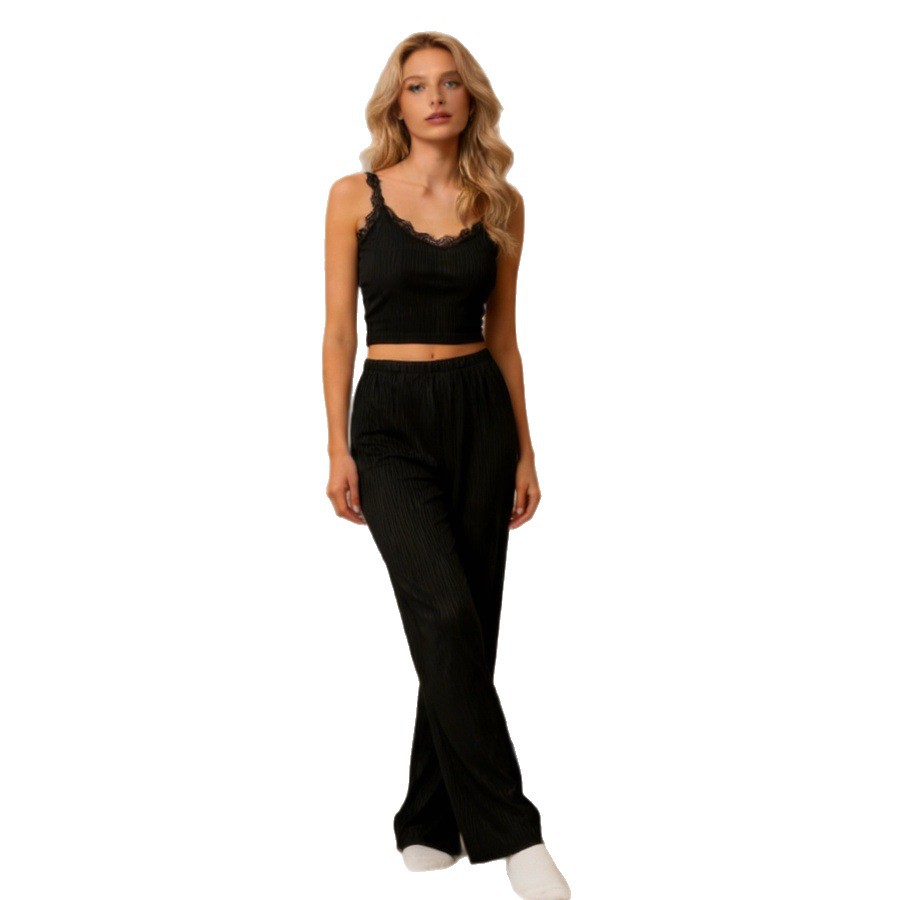 Lace Cami Pants With Ribbed Texture Pajama Set
