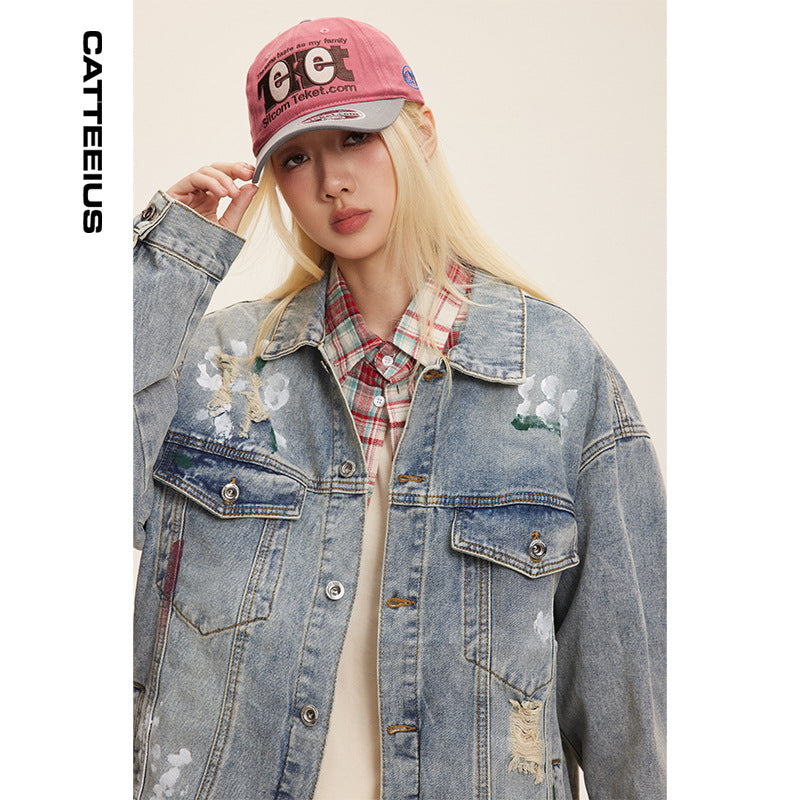 Washed Graffiti Ripped Denim Coat Design Jacket