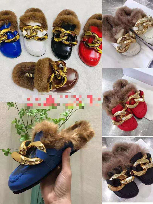 Large Chain Wool Slippers Women's Thick-soled Round Head Baotou Slippers