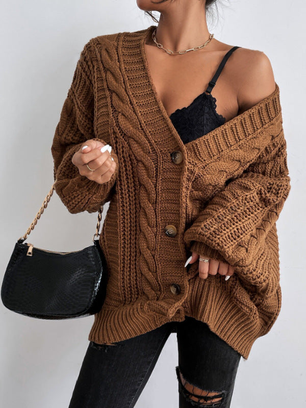 V-hals Sweater Dame Retro Fashion Løs Twist Strikket Jakke
