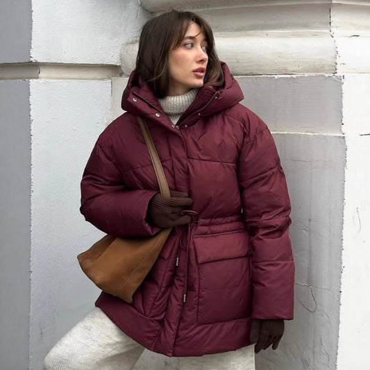 Wine Red Hooded Cotton Jacket Lace-up Waist Zipper Bread Thermal Cotton-padded Coat