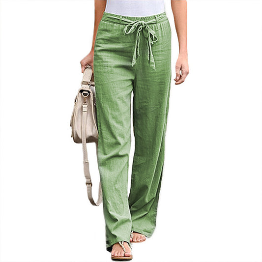 European And American Cotton And Linen Casual Wide-leg Pure Color Elastic Waist Lace-up Loose Women's Trousers