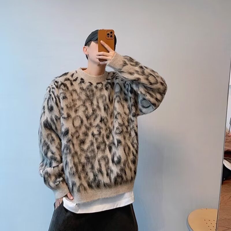 Retro Contrast Color Leopard-print Sweater Warm Boys