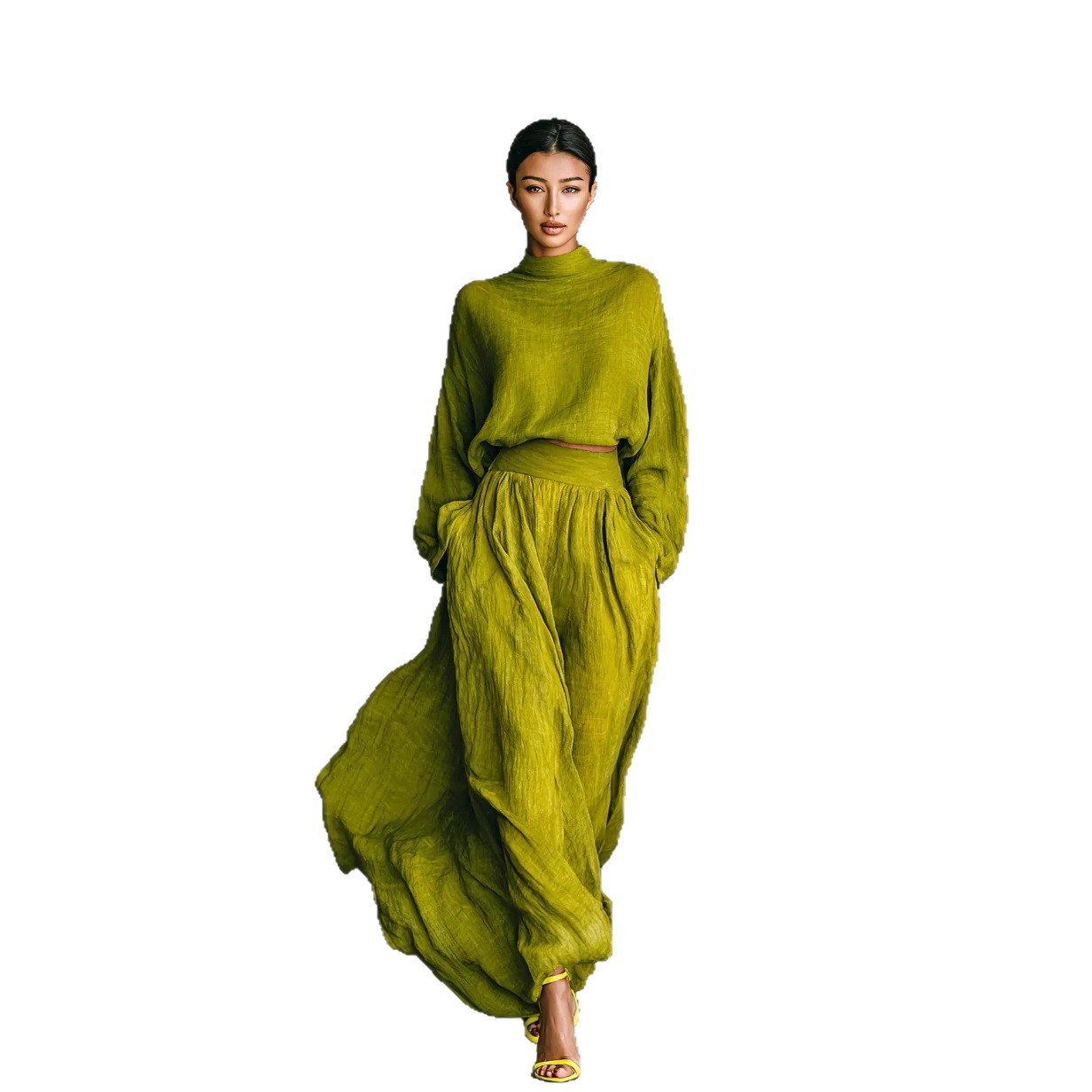 Womens Solid-Color Loose Top And Pocketed Long Skirt Set