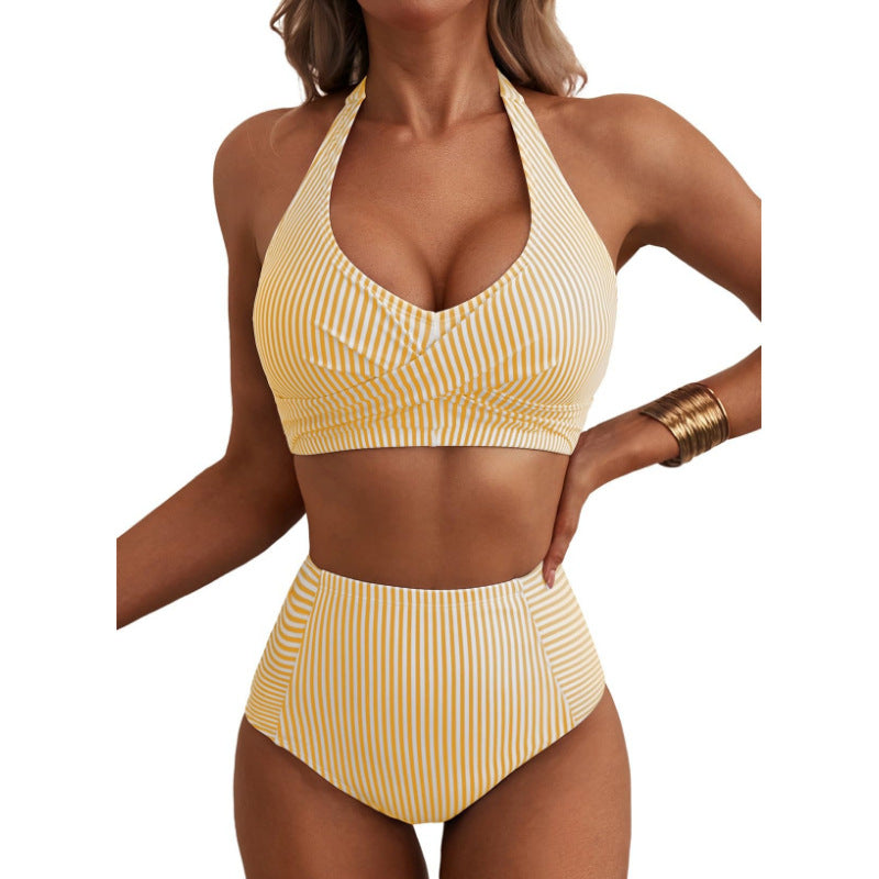 Neck-tie Pocket Swimsuit Striped Swimsuit For The Beach