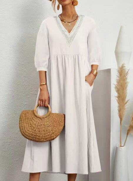 Solid-color Lantern-sleeve Loose Lace Dress