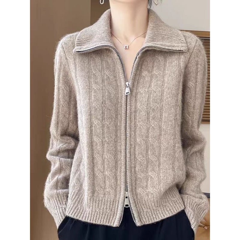 Womens Twist-Open Cardigan With Double Zippers And Lapel Collar