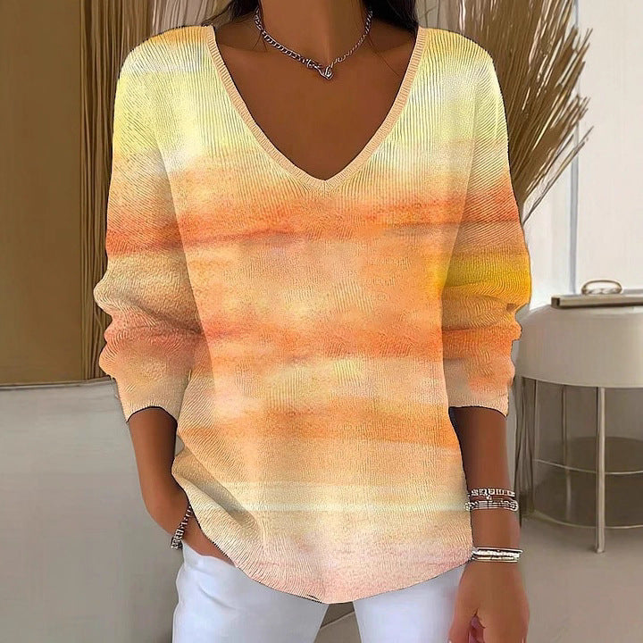 Drop Shoulder V-neck Long Sleeve Pullover 3D Digital Printing Women's Top T-shirt