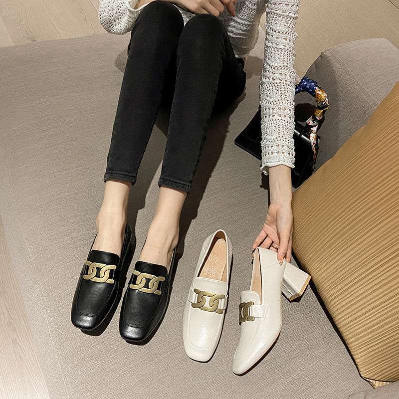 Women's Leather High-heeled Shoes All-match Thick Heel