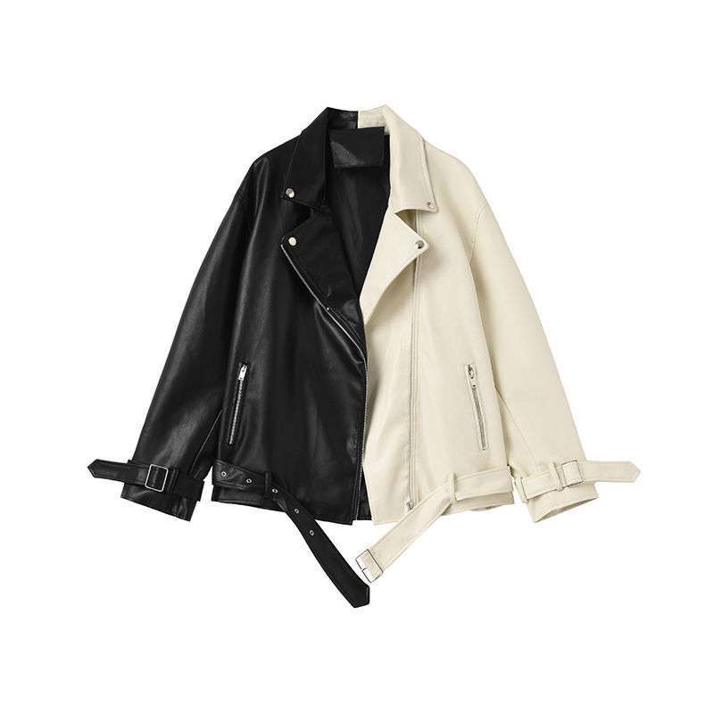 Fashion Contrast Color Locomotive Leather Handsome And Loose Short