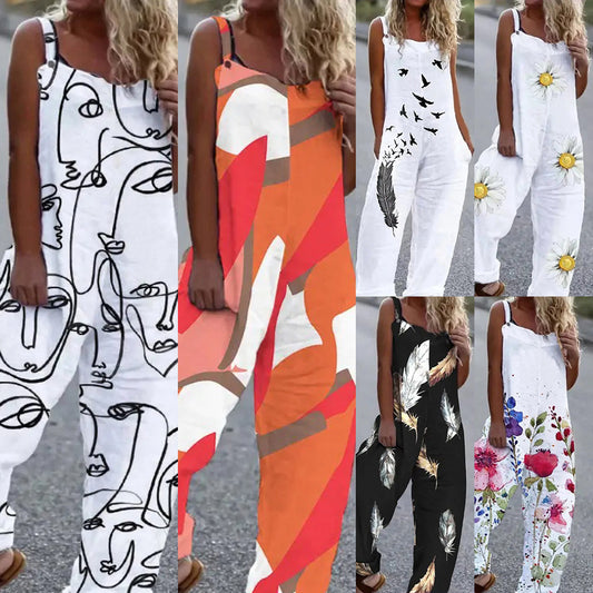Women's Printed Sleeveless Sling Loose Casual Jumpsuit
