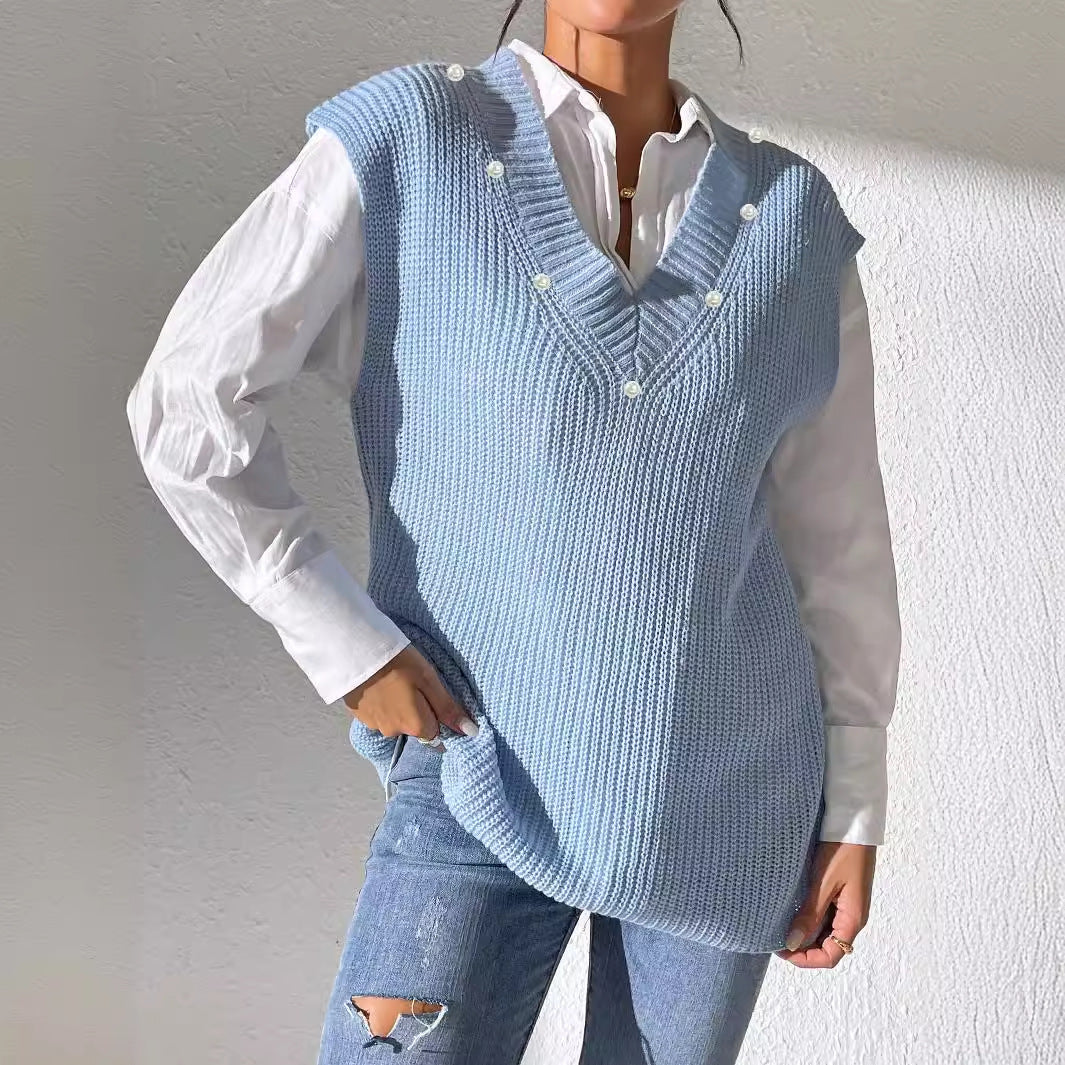 New V-neck Simple Pearl Beaded Woven Sweater Vest