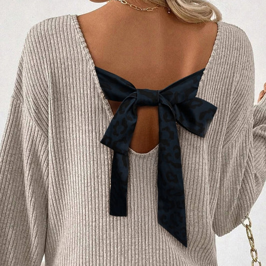 Contrast-color Satin Ribbon Bow Backless Drop-shoulder Long-sleeve Top