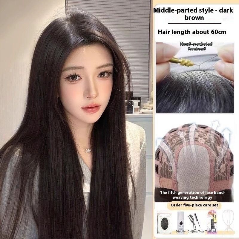 Jaulin Wig Women's Long Hair Forehead Lace Full-head Wig New Artificial Natural Mid-length Long Straight Hair Full Top Wig