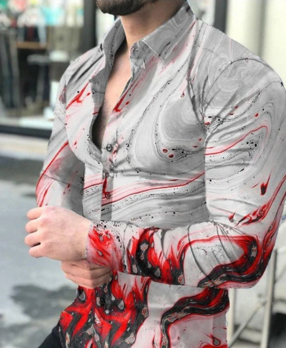 European And American New Men's Gradient Printing Long-sleeved Shirt