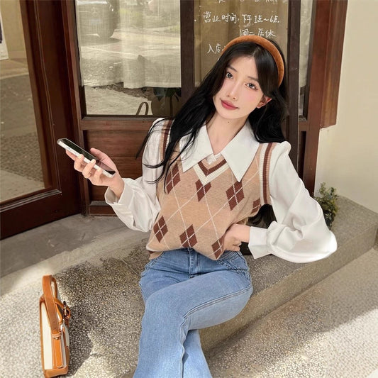 French-style Vintage White Polo-collar Long-sleeve Shirt