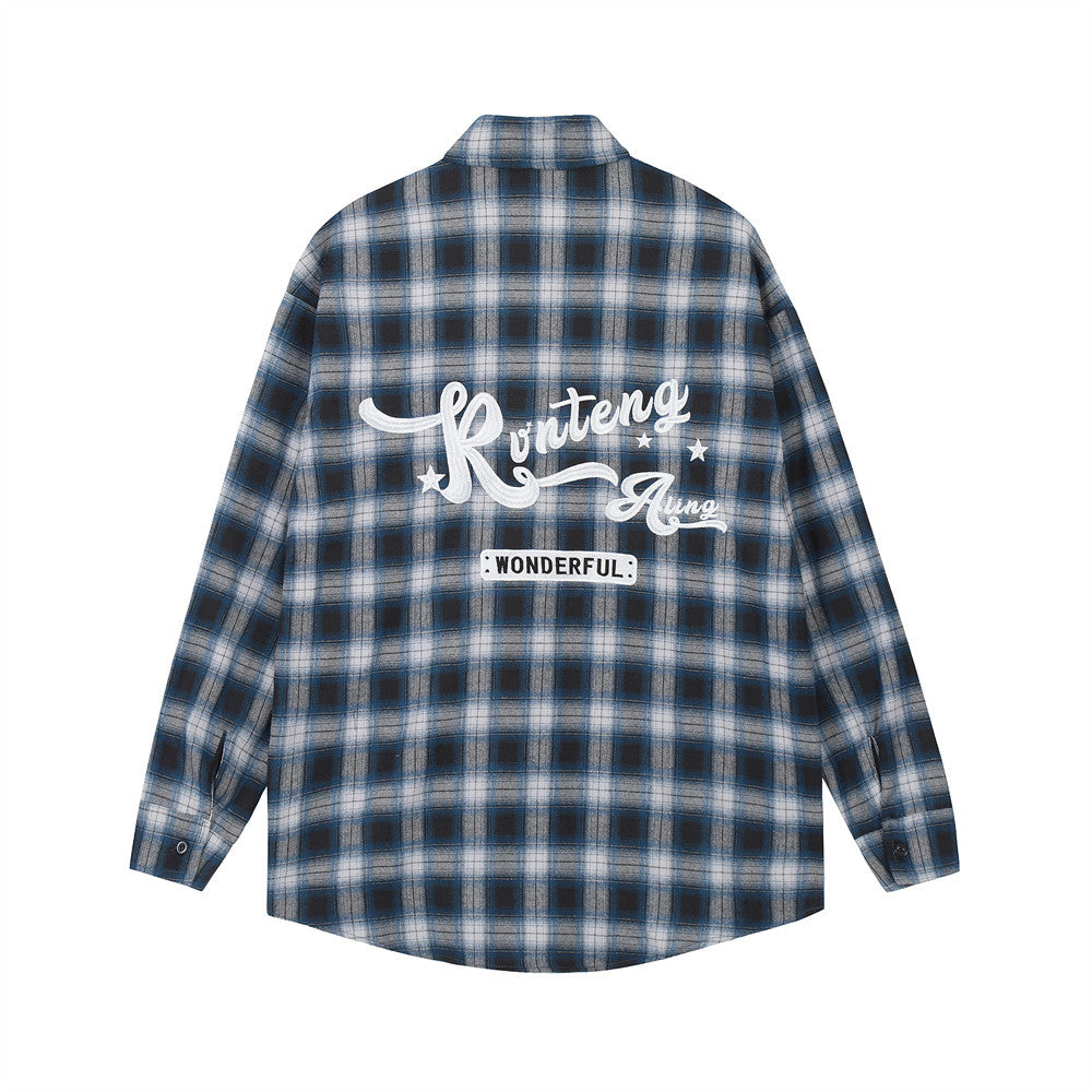 Spring And Autumn Plaid Letters Embroidered Shirt Coat