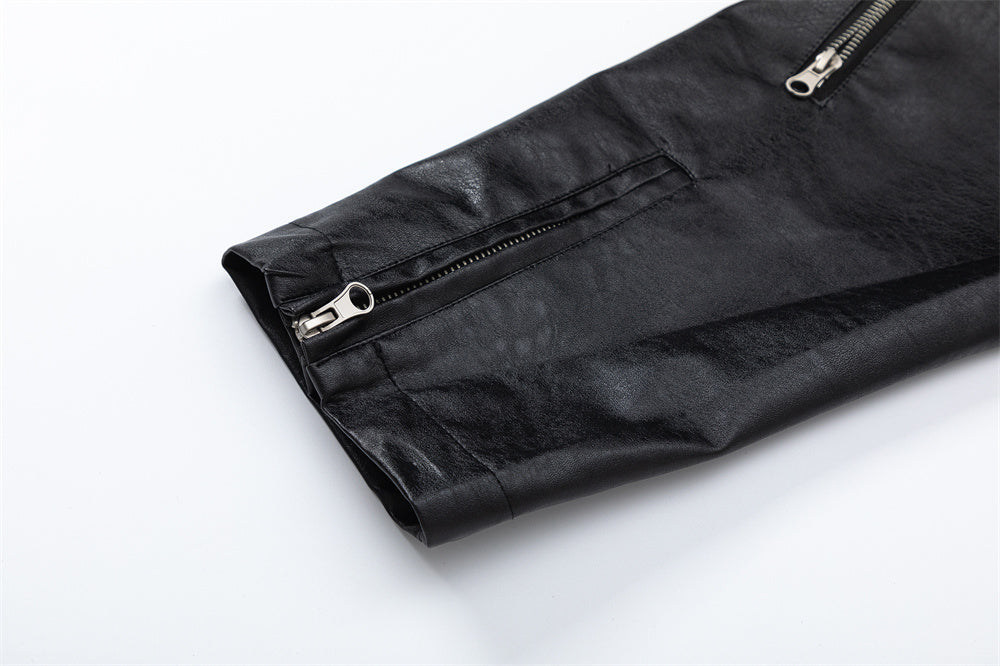 European And American Style Stitching PU Leather Sleeve Denim Jacket
