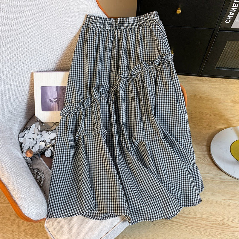 Summer Elastic Waist French Black And White Plaid Irregular A- Line Skirt