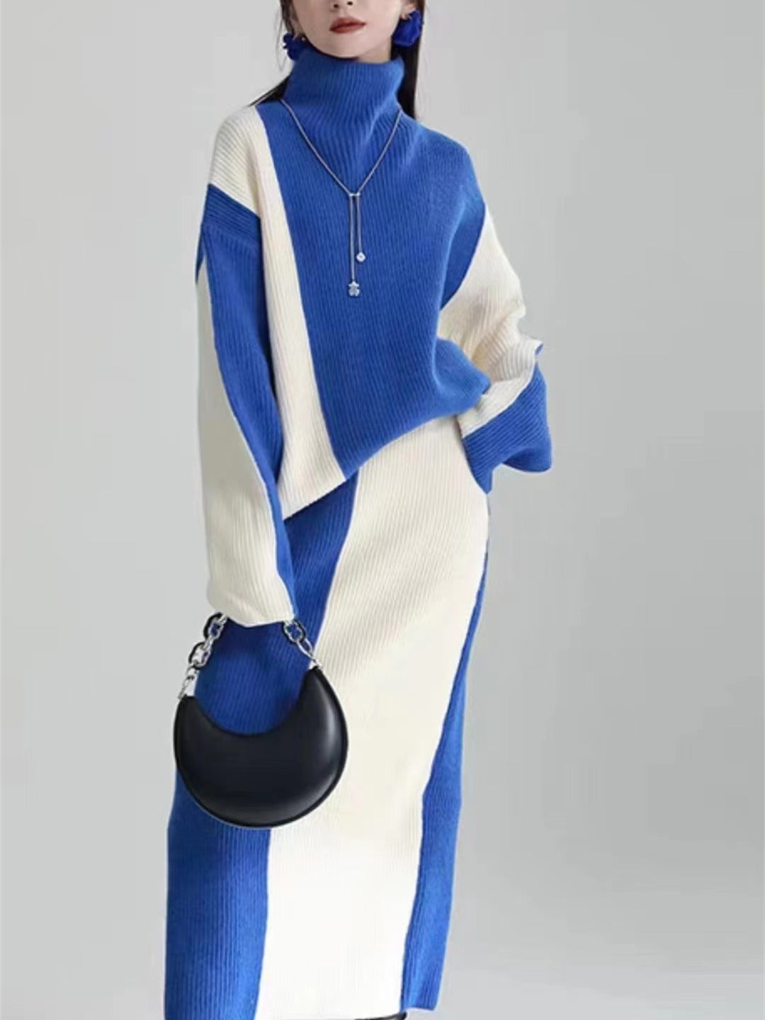 Color-block Design Sweater Skirt Set For Women