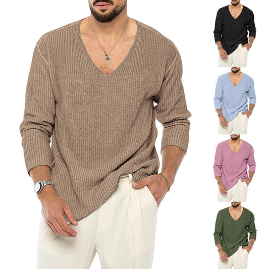 Europæisk og Amerikansk V-hals Sweater Herre Ensfarvet Langærmet Moderigtig Strikket Sweater