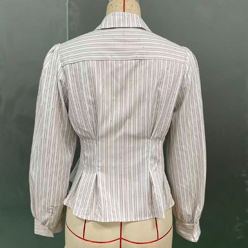 Temperament Waist-tie Long-sleeved Shirt Striped Cardigan Women