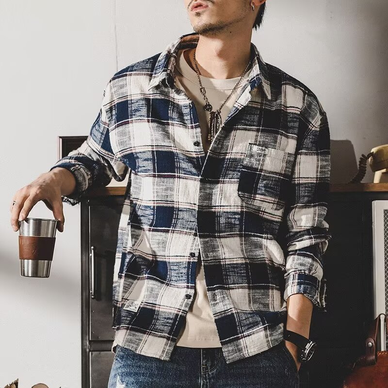 Retro Plaid Shirt Men's Long Sleeve Loose All-matching