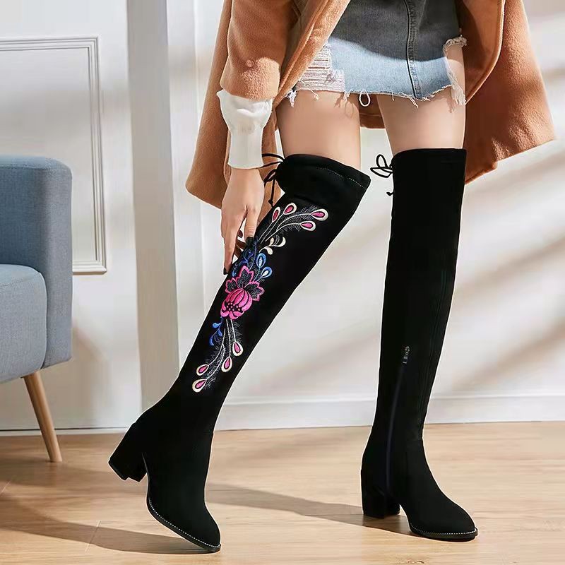 Women's Long Pointed Toe Thick-heeled Suede Boots