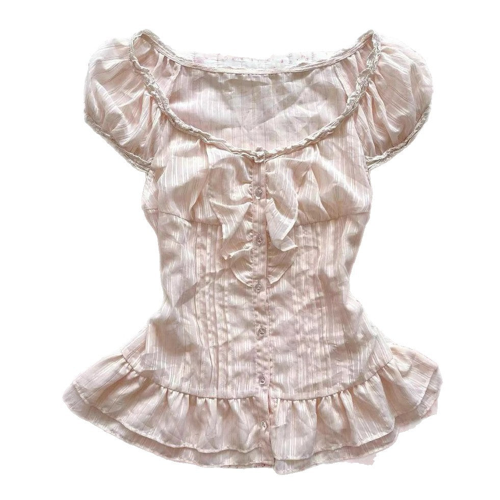 Sweet Slim Fit Waist-tight Slimming Round Neck Ruffled Short Sleeves Women
