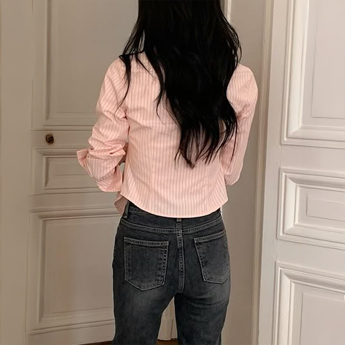 French-style Sweet-and-cool Design Waist-cinching Striped Blouse