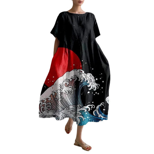 Womens Casual Short-Sleeve Loose Dress With A Crew Neck And Digital Print Pattern