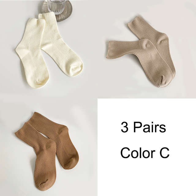 Women's Double Needle Vertical Strip Solid Color Medium Tube Pile Socks