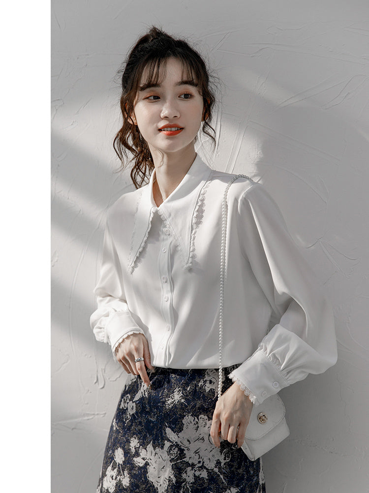 Women's Loose White Long Sleeve Chiffon Shirt