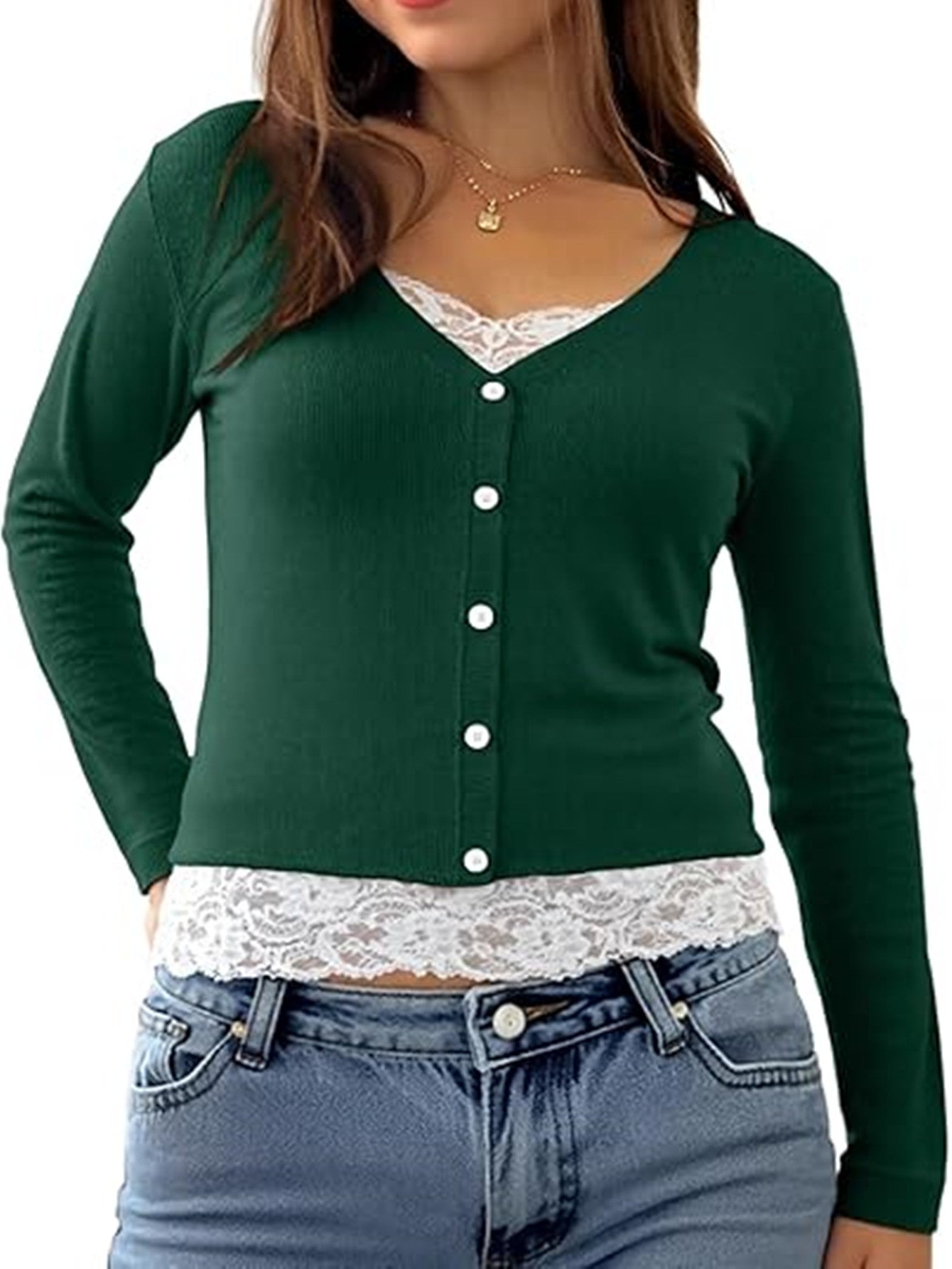 Stylish Versatile Long-Sleeve Lace-Panel Fake Two-Piece Top For Women