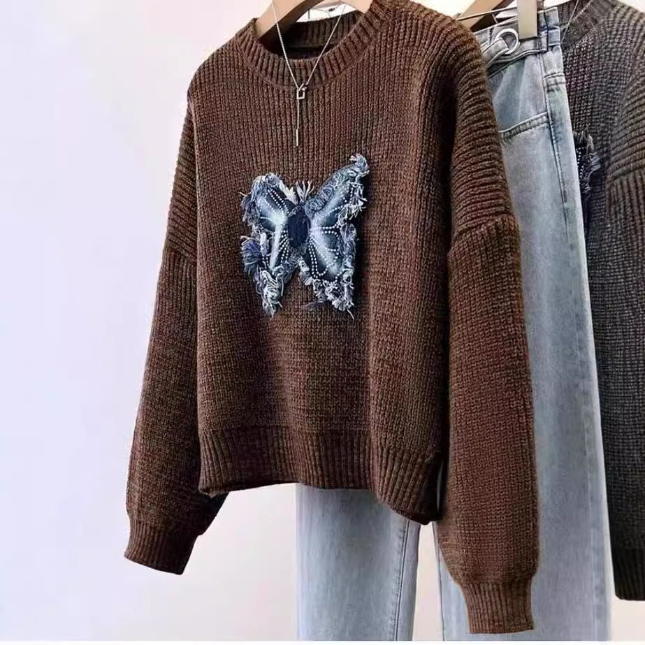 Tassel Denim Pattern Round Neck Sweater Top