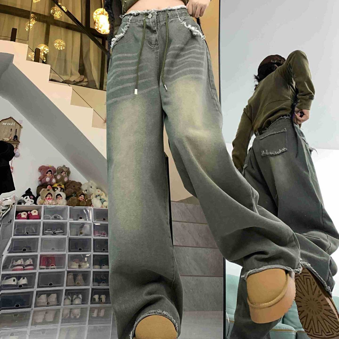 Washed Frayed Hem Casual Wide Leg Denim Pants