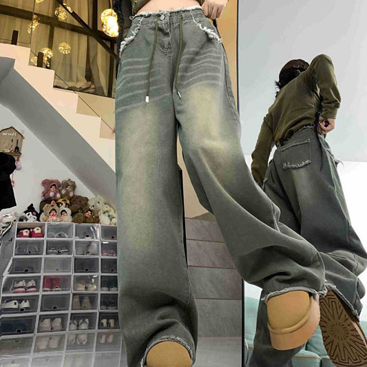 Washed Frayed Hem Casual Wide Leg Denim Pants