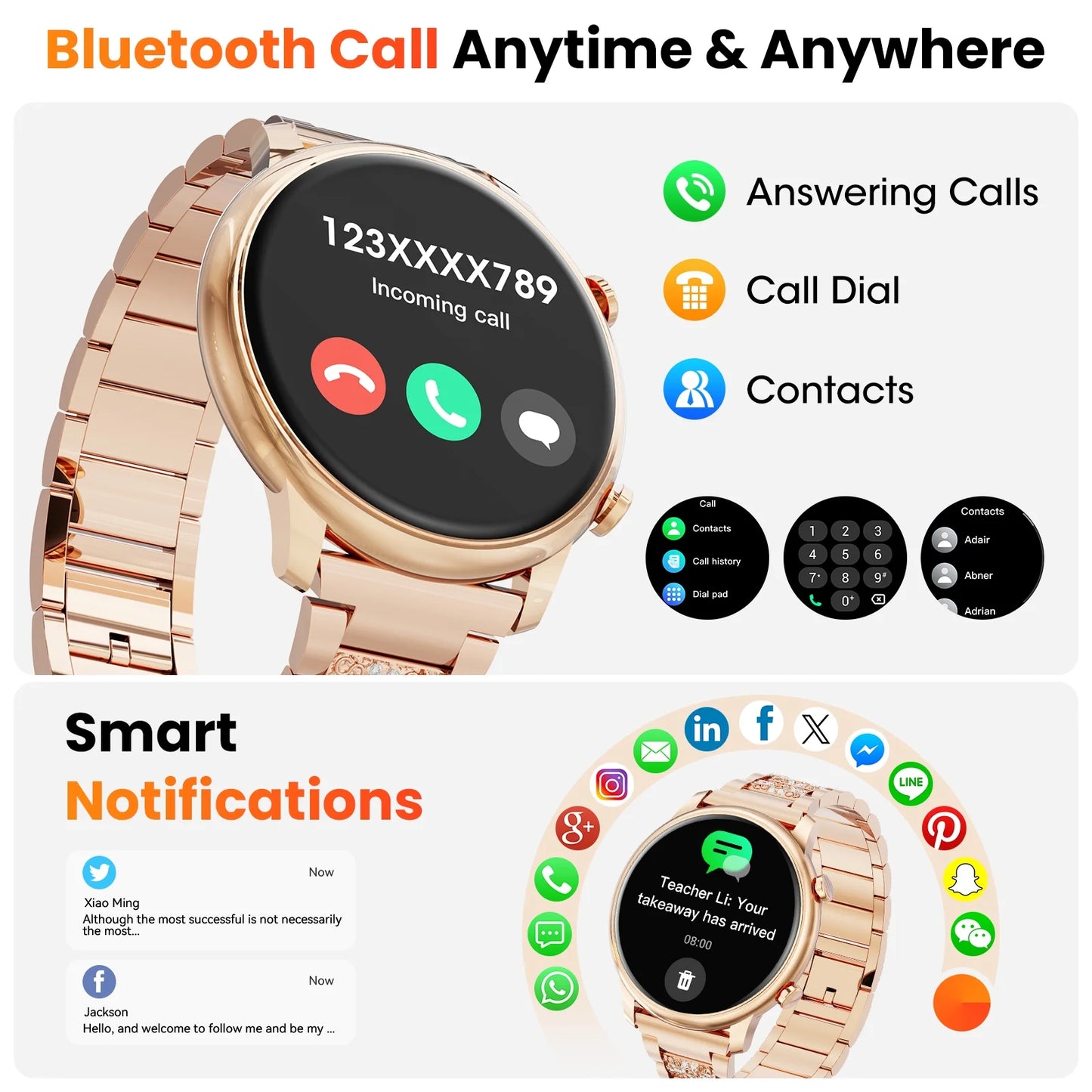 Smart Watch(Answer/Make Call), Smartwatch Fits for Android and Iphone, 1.39" HD Fitness Watch with 100 Sports Modes, Waterproof, Activity Smart Watches for Women, Two Straps, Gold