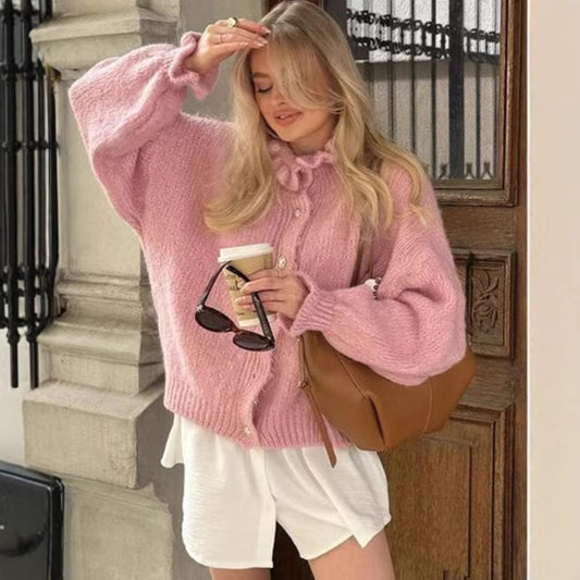 Women's Preppy Style Round Neck Sweater Cardigan Elegant Ruffle