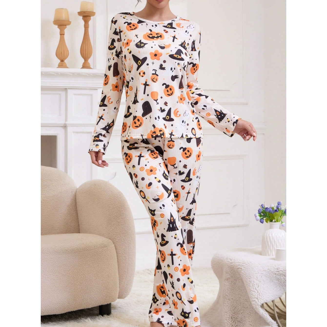Halloween Cartoon Printed Long-sleeved Trousers Two-piece Suit Homewear